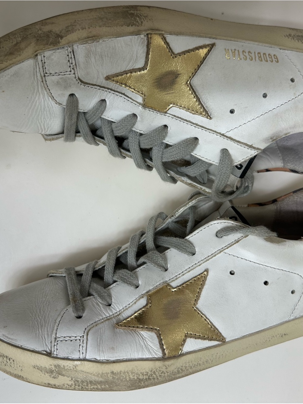 Golden Goose White Leather Low-Top Sneakers with Gold Star and Gray Laces